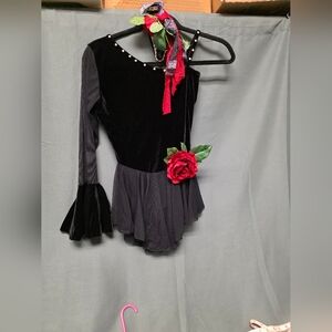 Women's Adult Small Figure Skating Dress, Black & Gold with red rose accents